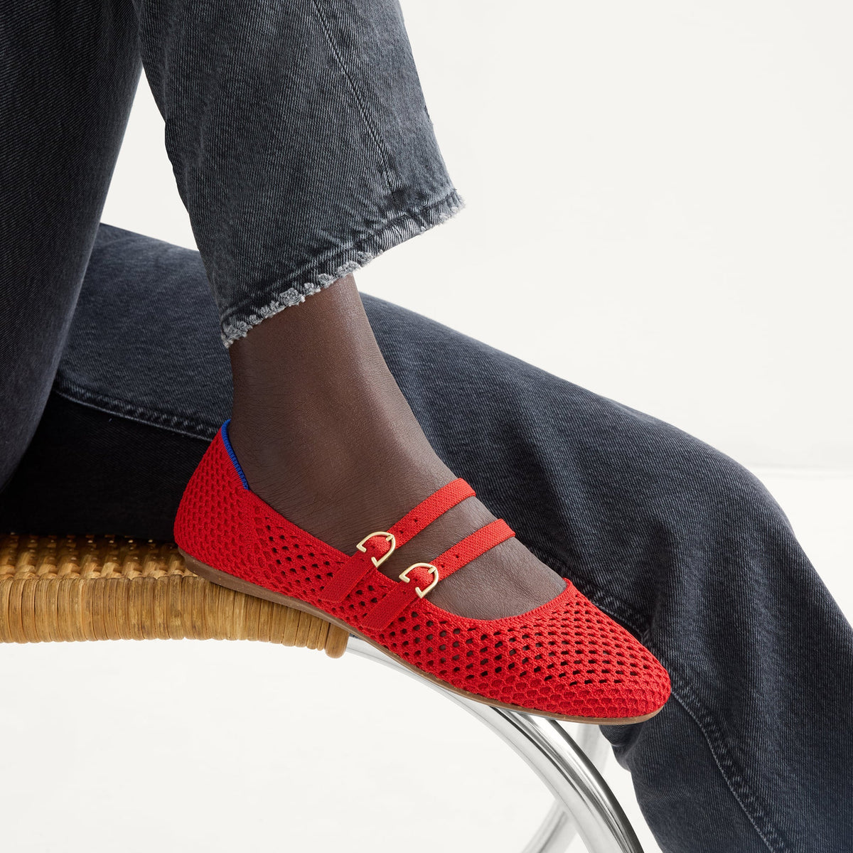 The Double Buckle Mary Jane in Bright Red Mesh | Rothys Women