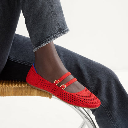 The Double Buckle Mary Jane in Bright Red Mesh | Rothys Women