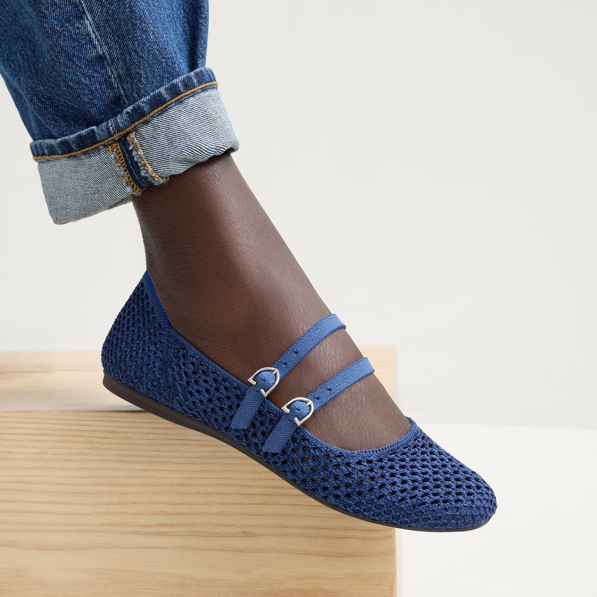 The Double Buckle Mary Jane in Blue Mesh | Rothys Women