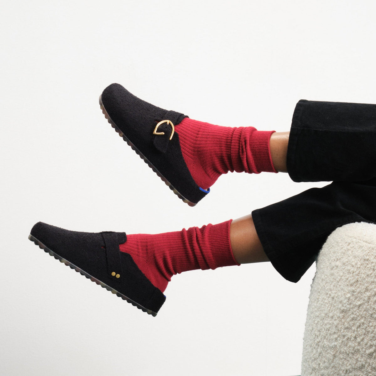 The Buckle Clog in Soft Black Bouclé | Rothys Women