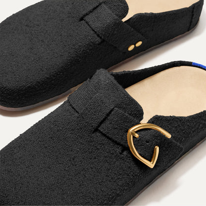 The Buckle Clog in Soft Black Bouclé | Rothys Women