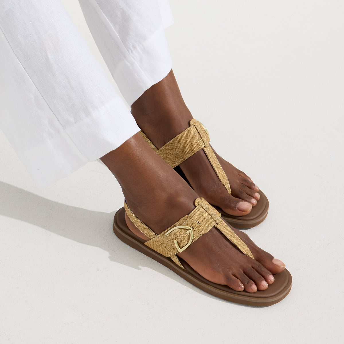 The T-Strap Sandal in Metallic Golden Sun | Rothys Women