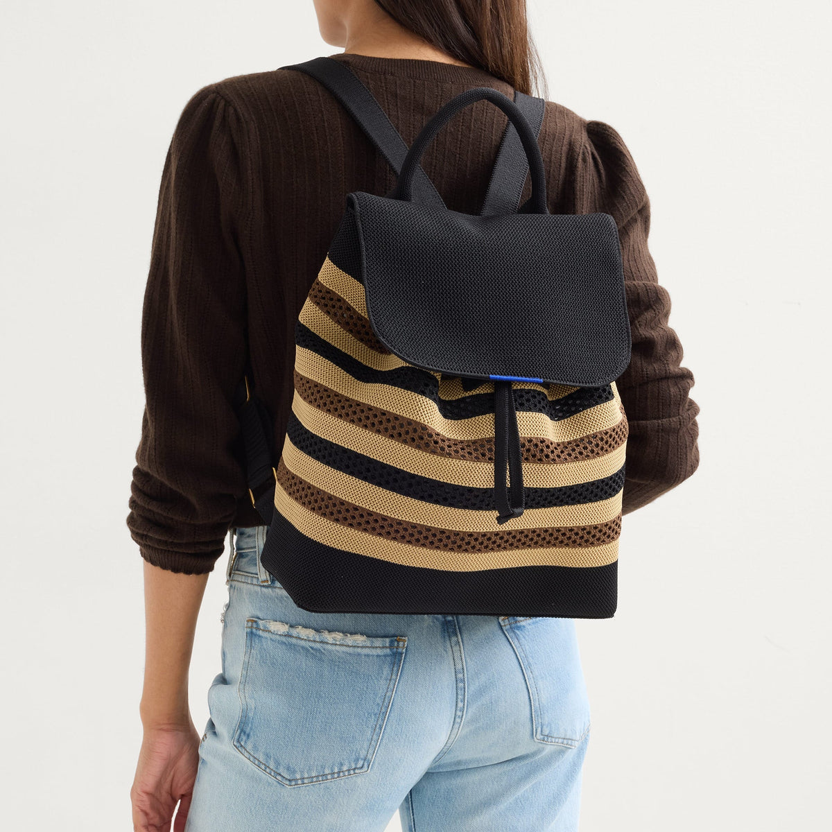 The Cinch Backpack in Mocha Stripe Crochet | Rothys Women|Bags