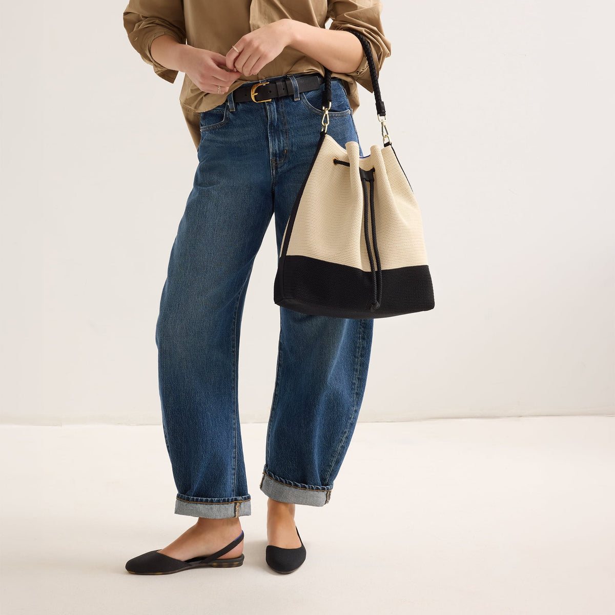 The Cinch Bucket Bag in Black and White Raffia-Knit | Rothys Women|Bags