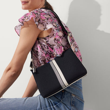 The Casual Crossbody in Black and Ivory Stripe | Rothys Bags