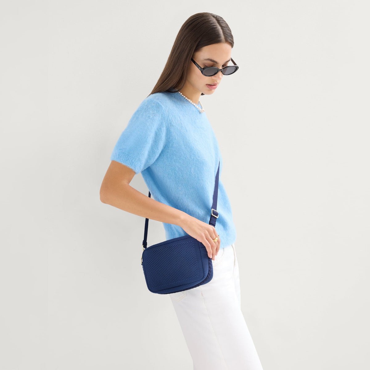 The Crossbody Camera Bag in Lagoon Open-Knit | Rothys Bags