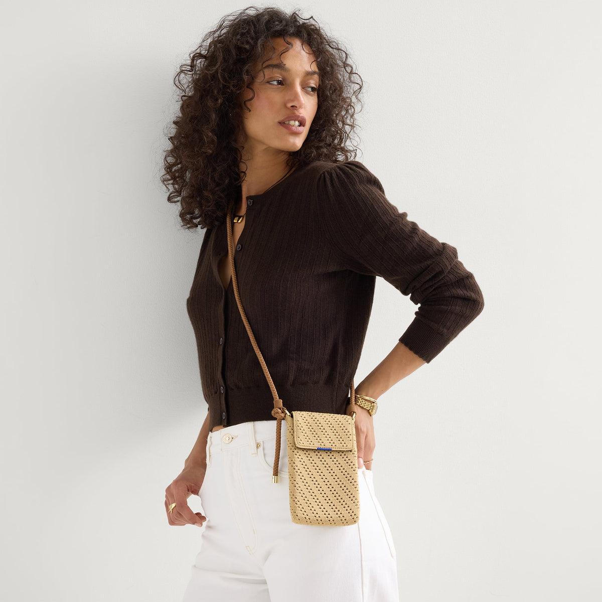The Phone Crossbody in Brown Butter Crochet | Rothys Bags