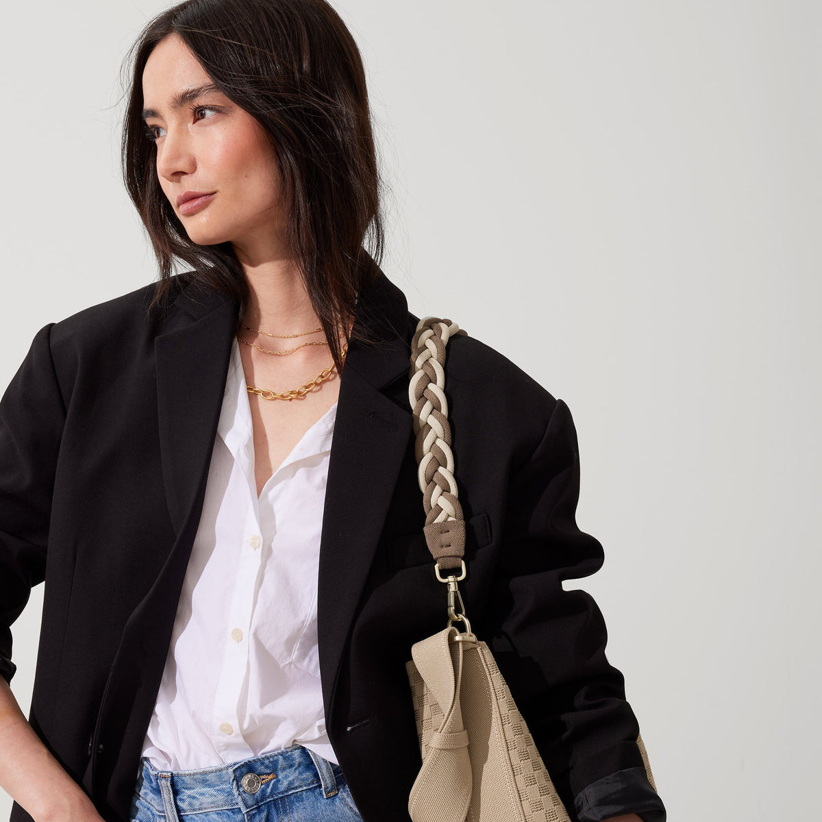 The Shoulder Strap in Cream and Cocoa Braid | Rothys Bags